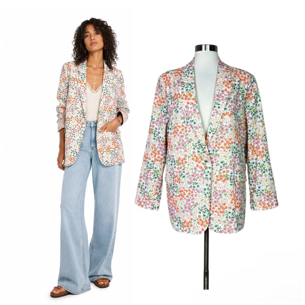 NEW DRA | Spring Blooms Floral Print White Ponte Boxy Blazer Jacket NWT Large